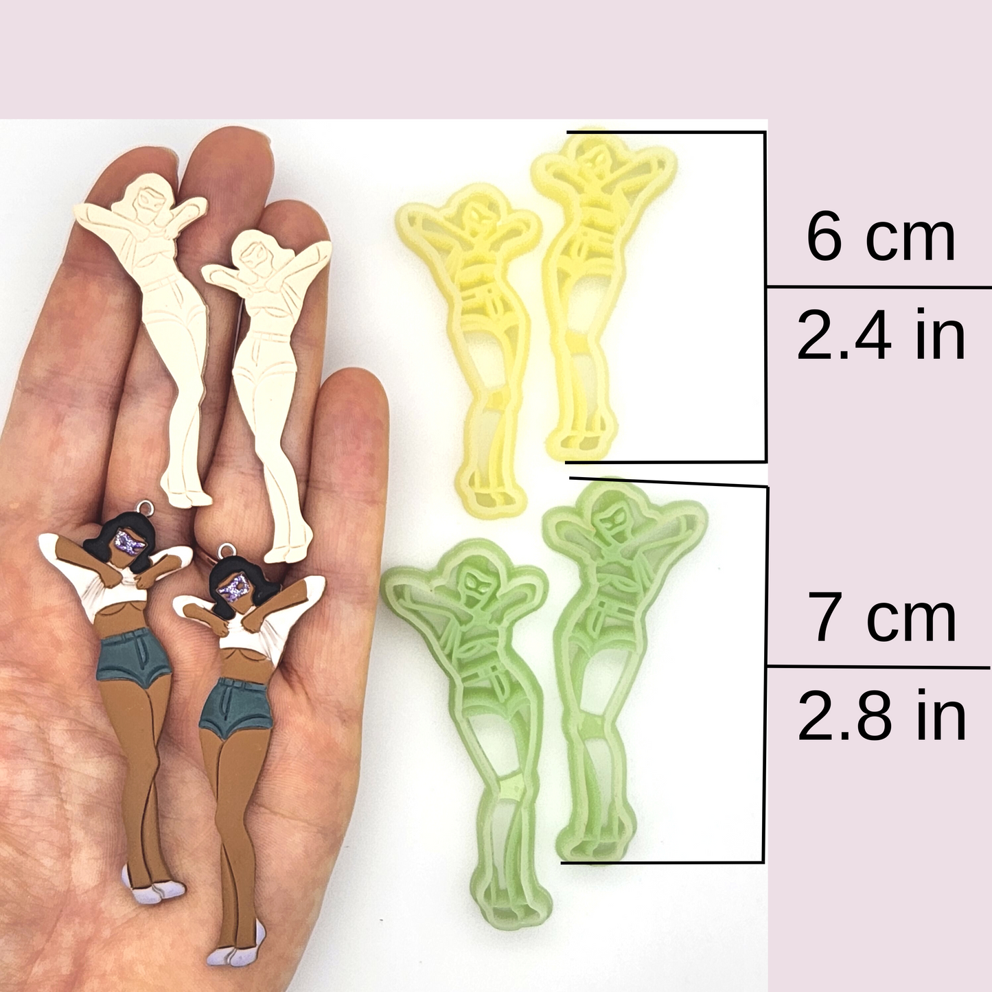 image provides size references, indicating the clay pieces measure 6 cm (2.4 in) and 7 cm (2.8 in), with corresponding cutters.
