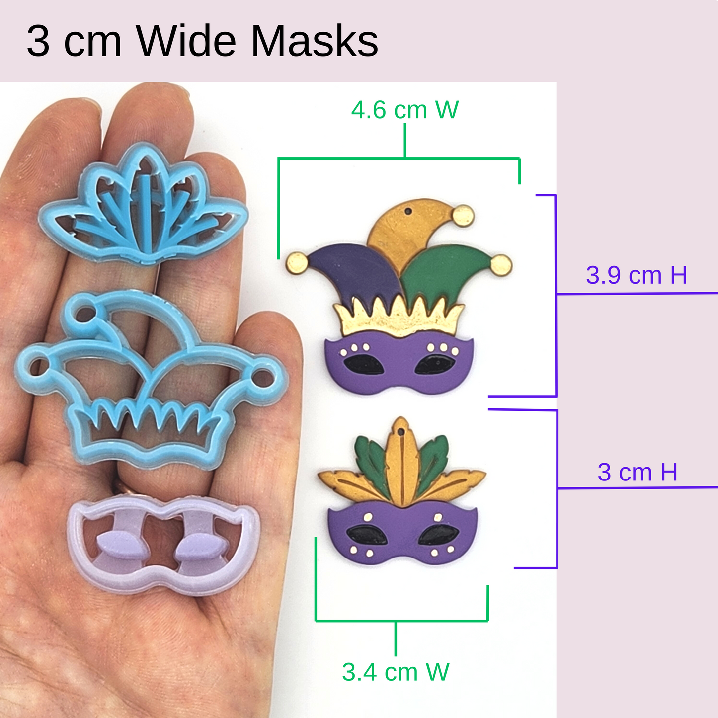 Medium-sized 3 cm wide polymer clay masksājester hat, feathered mask, and crownāeach labeled with their height and width