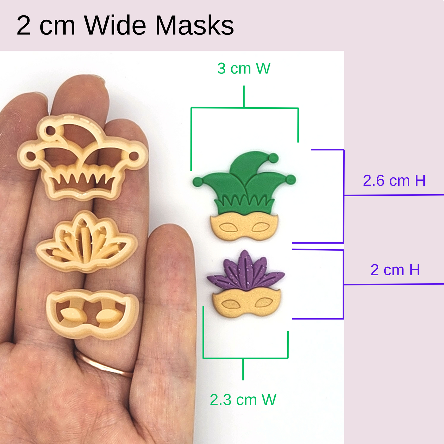 Close-up of three small, 2 cm wide polymer clay masksāa jester hat, a feathered mask, and a crown-like shapeāwith labeled dimensions for precision