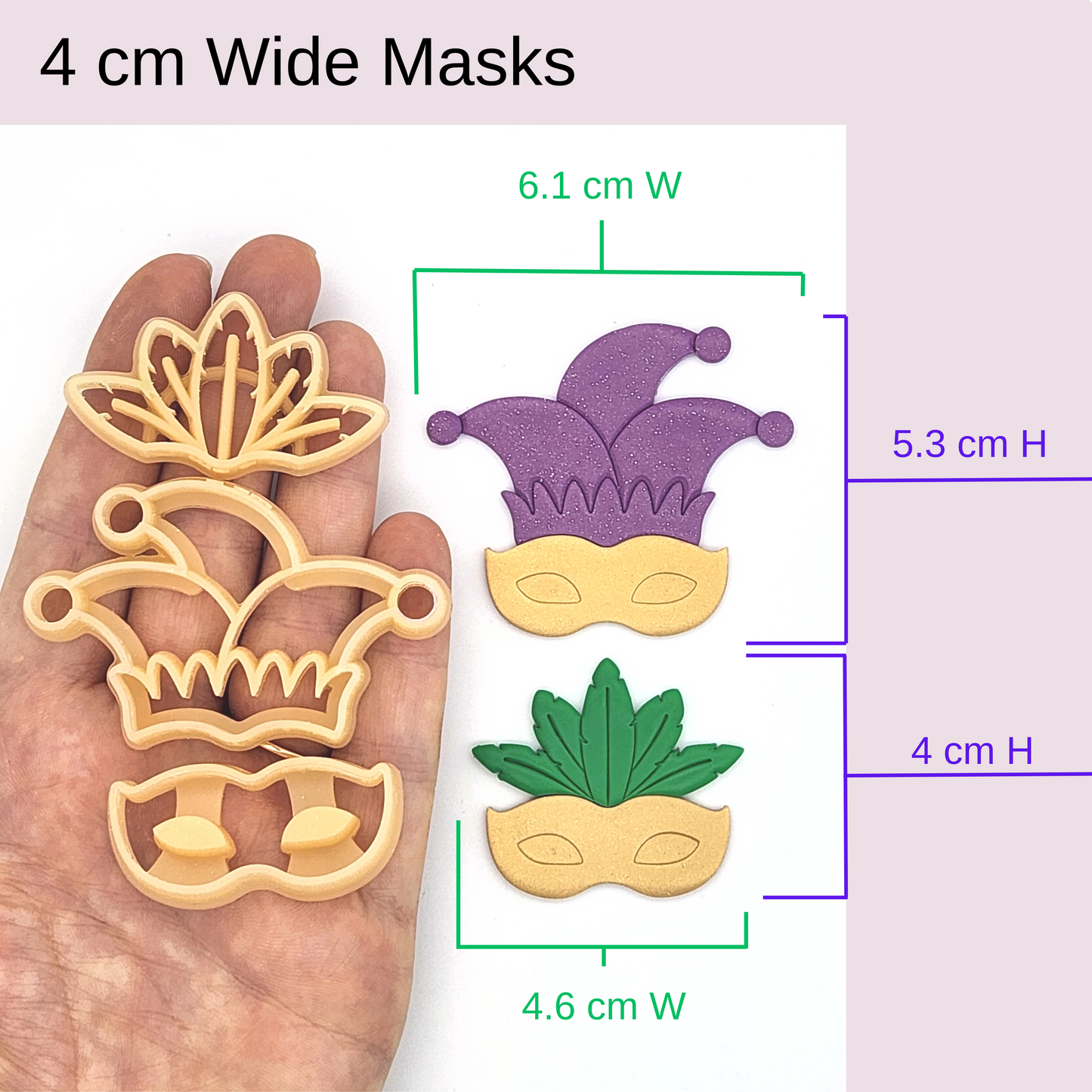 Larger 4 cm wide polymer clay masks in Mardi Gras style, featuring a jester hat, feathered mask, and a crown, each with precise measurements shown.