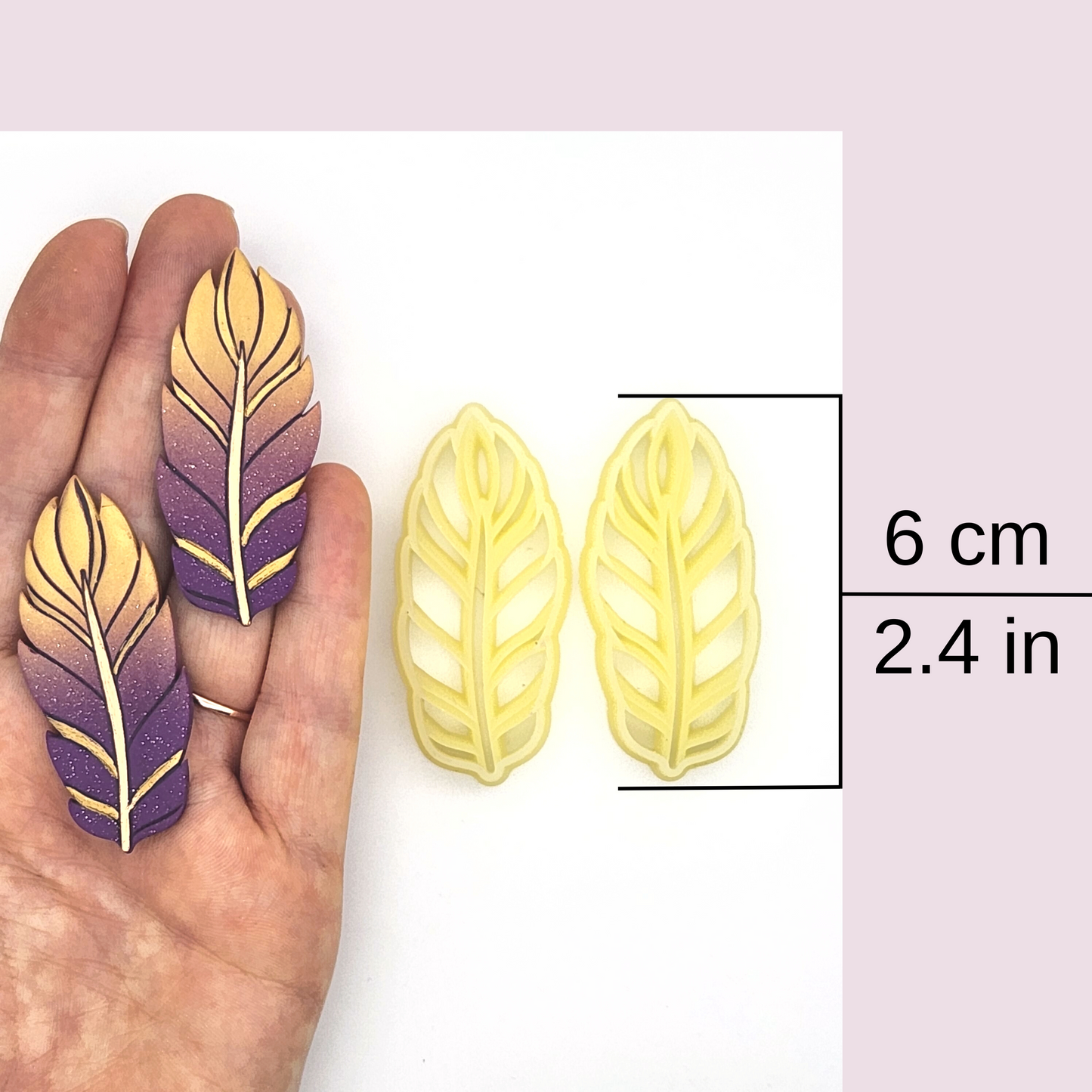 a pair of gradient purple-to-gold feathers held in a hand, with a size reference of 6 cm (2.4 in)