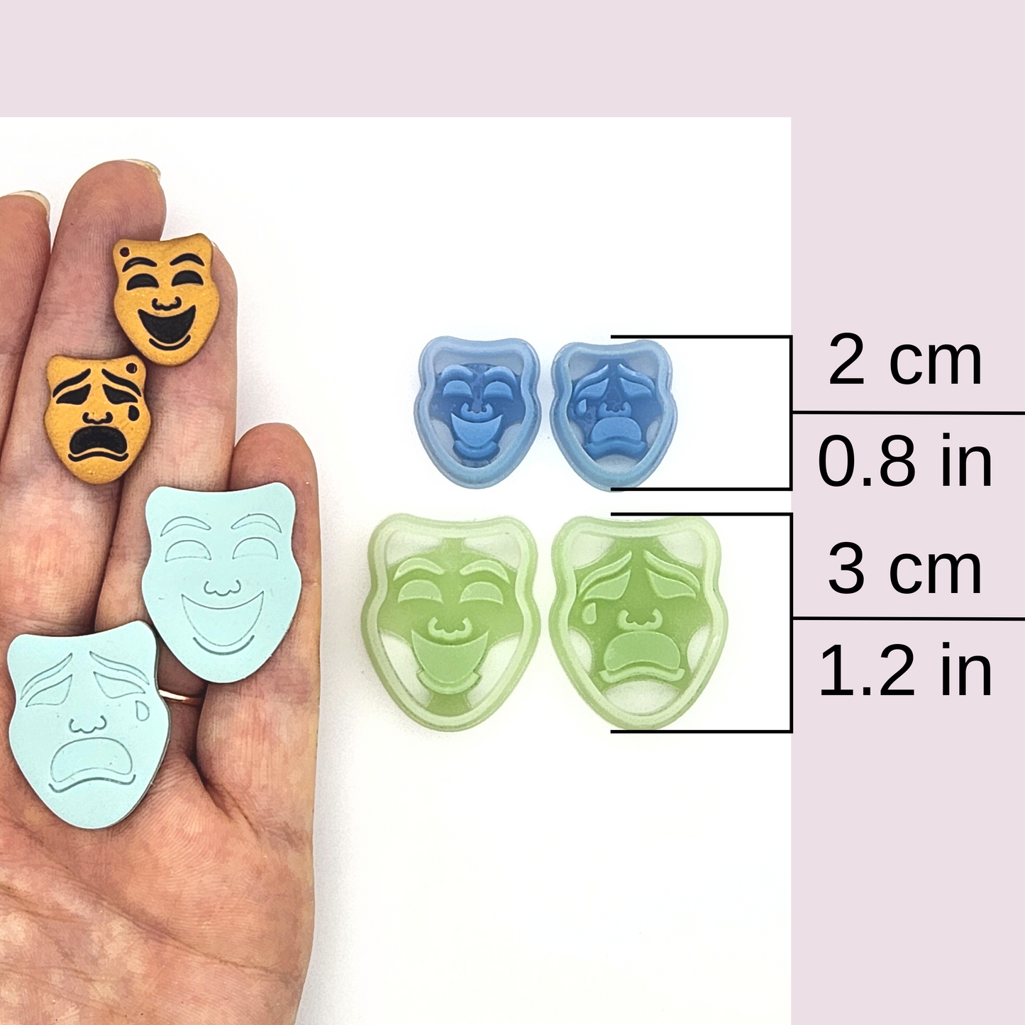 image provides a size reference, indicating the masks come in 2 cm (0.8 in) and 3 cm (1.2 in)