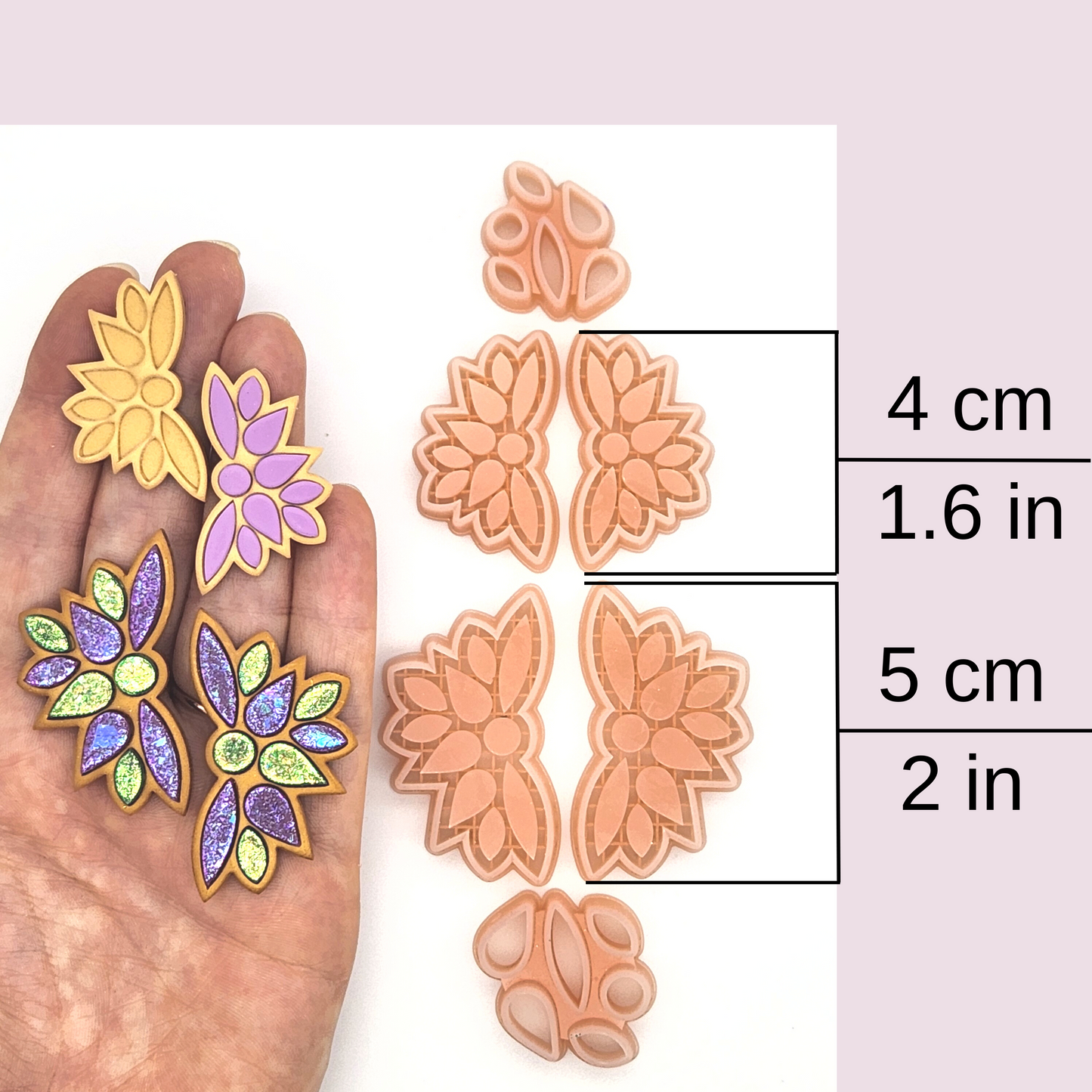 size comparison of the clay cutters, indicating dimensions of 4 cm (1.6 in) and 5 cm (2 in)