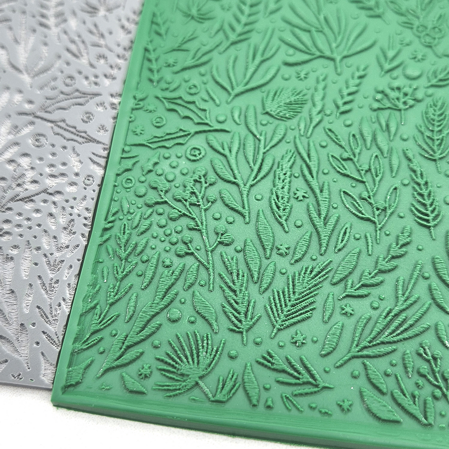 showing details of Winter Boughs and Berries texture on polymer clay
