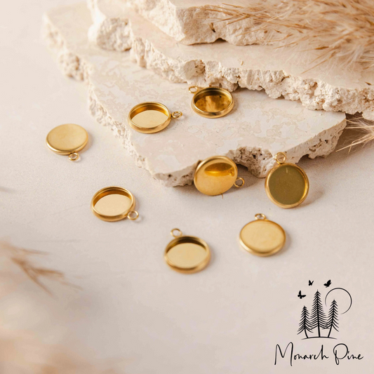 Gold Stainless Steel Bezel Charms - Monarch Pine (10 Pieces)