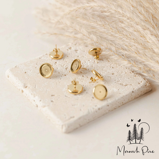 Gold Stainless Steel Bezel Studs - No Connector Loop - Monarch Pine (10 Pieces)