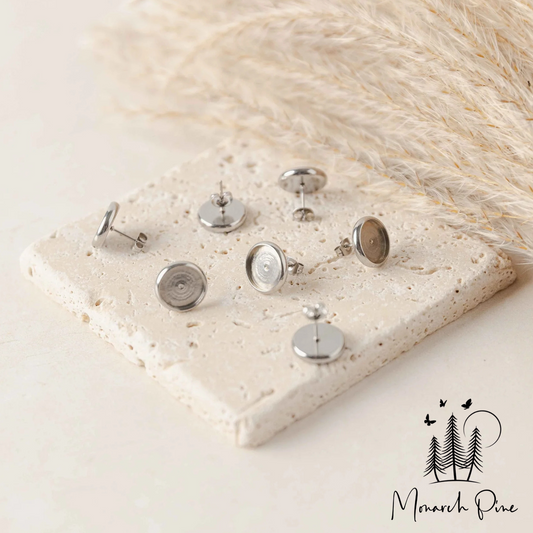 Silver Stainless Steel Bezel Studs - No Connector Loop - Monarch Pine (10 Pieces)