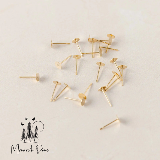 Gold Stainless Steel Flat Pad Earring Posts - Monarch Pine (100 Pieces)