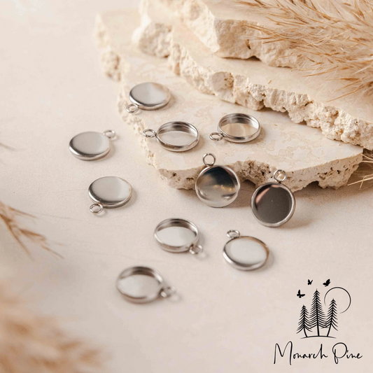 Silver Stainless Steel Bezel Charms - Monarch Pine (10 Pieces)