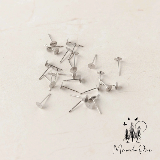 Silver Stainless Steel Flat Pad Earring Posts - Monarch Pine (100 Pieces)