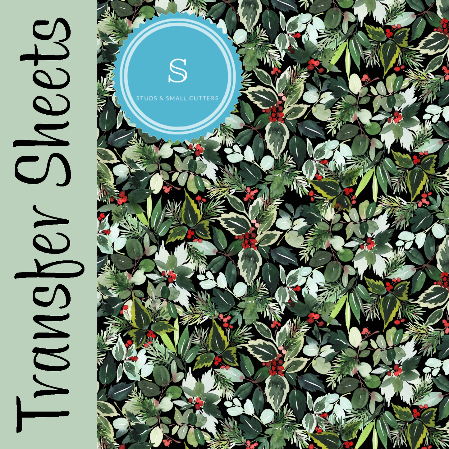 Winter Watercolor Botanicals transfer sheet adorned with a green leaf floral design.