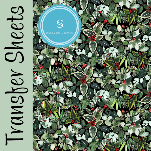 Winter Watercolor Botanicals transfer sheet adorned with a green leaf floral design.