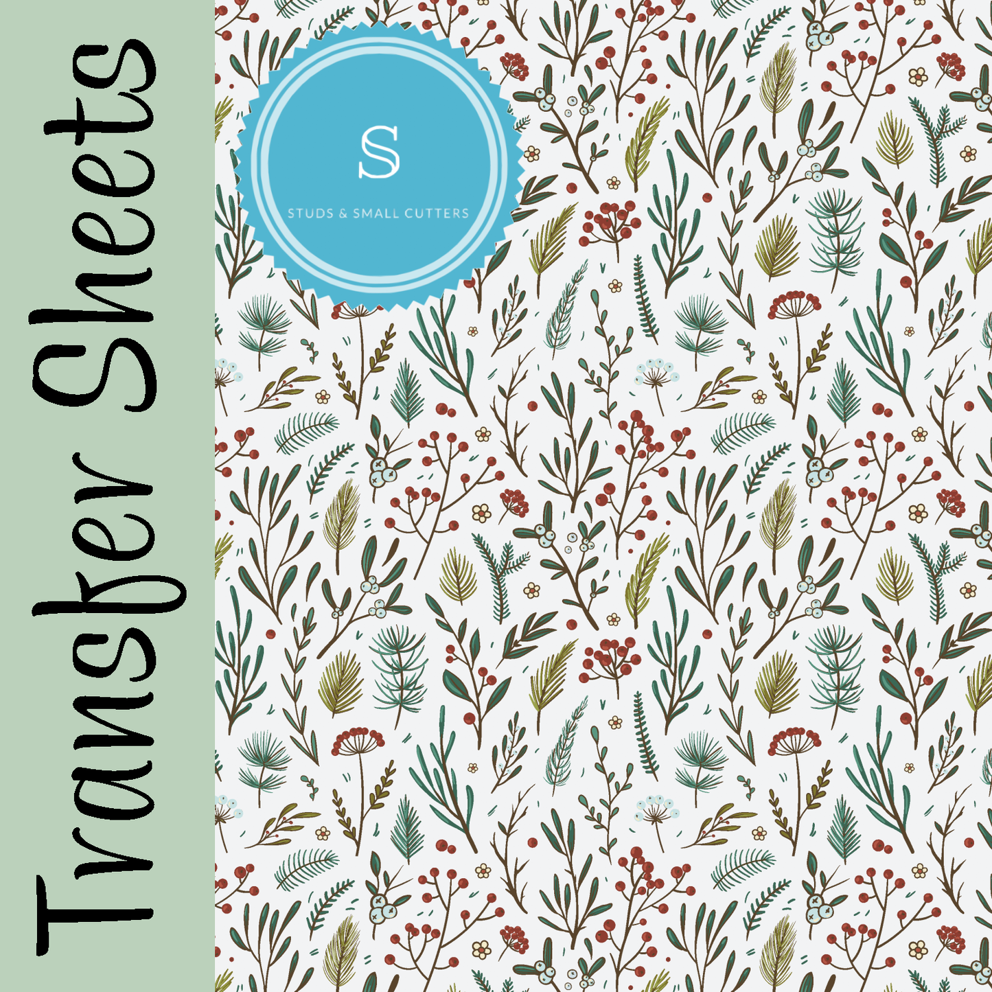 Yuletide transfer sheet with botanical plant, leaves, pine and berry design.