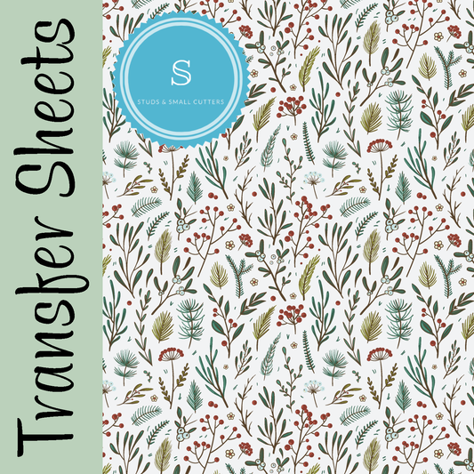 Yuletide transfer sheet with botanical plant, leaves, pine and berry design.