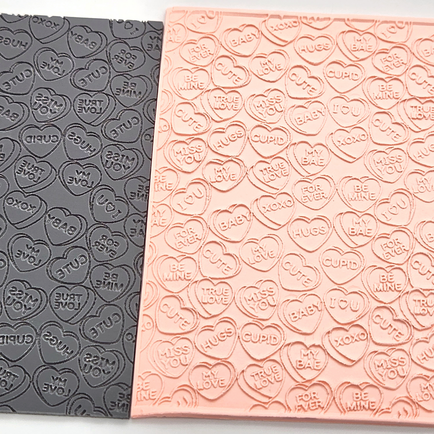 Candy Hearts Texture Sheet with sample texture on polymer clay