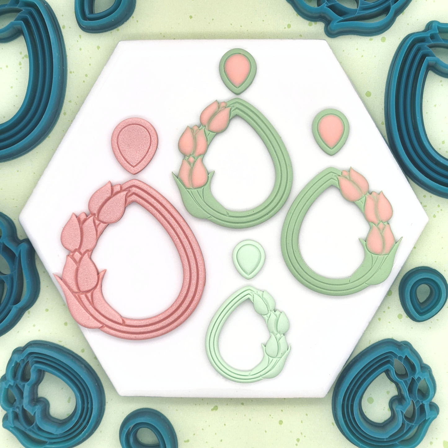 Sample finished products of Tulip Teardrops polymer clay cutter, mirrored set, available in three sizes