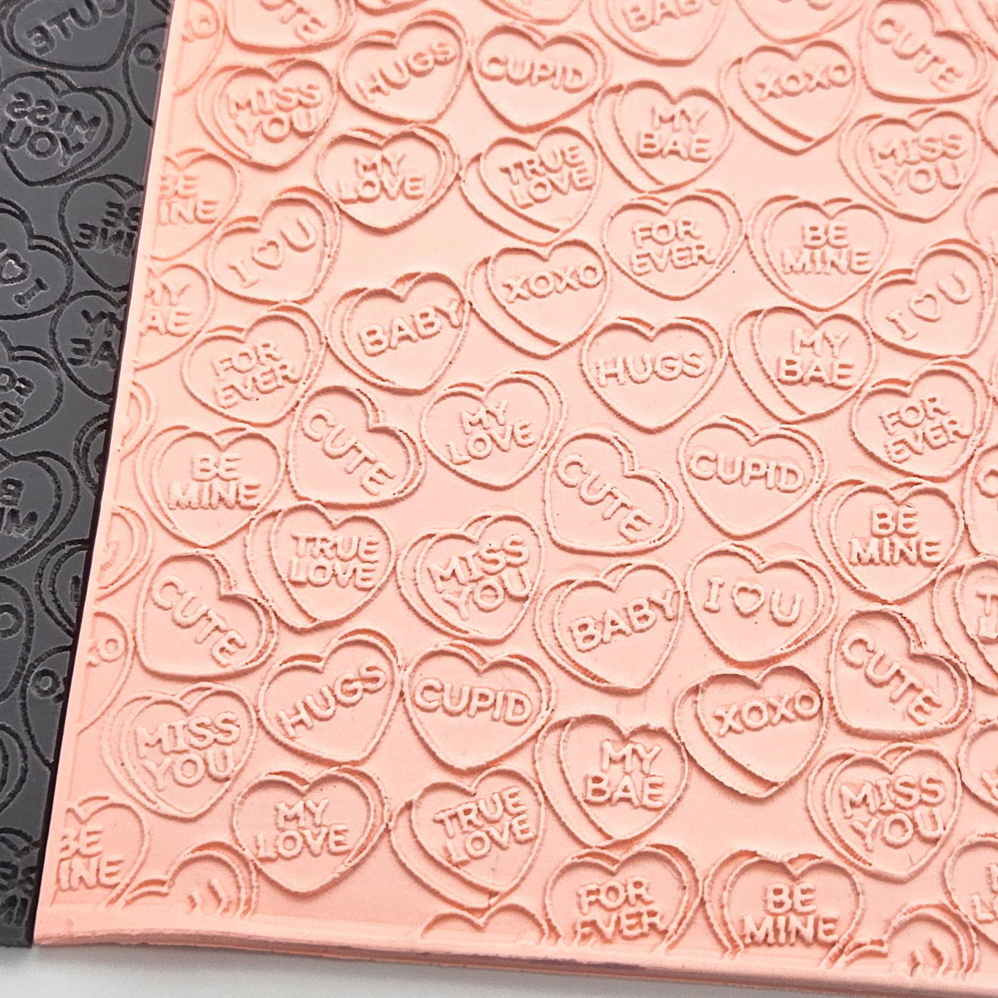 Close up shot of polymer clay to show texture details of Candy Hearts Texture Sheet
