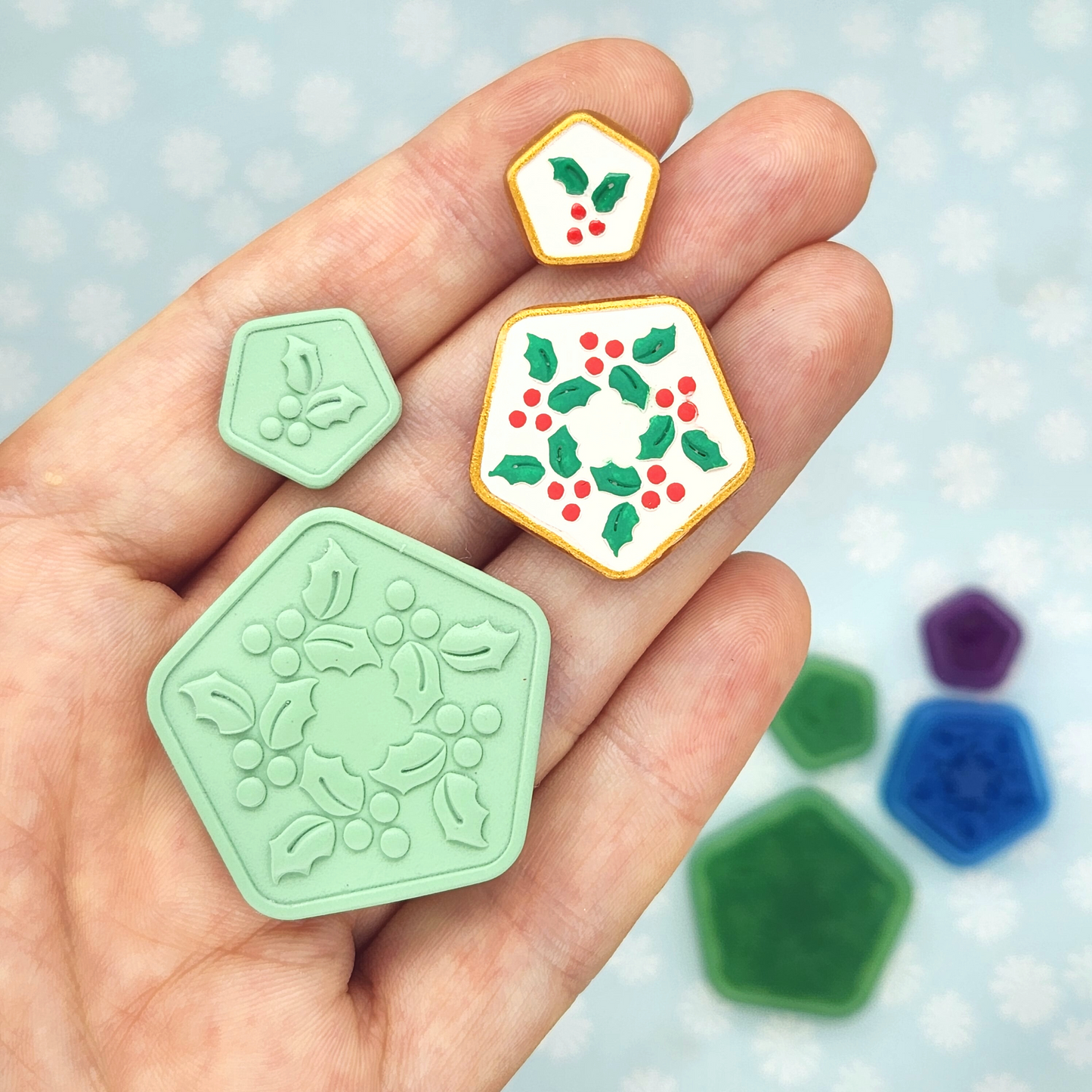 Winter Christmas Holly Tile Design Polymer Clay Earrings Jewelry Pendant Charm and Ornament