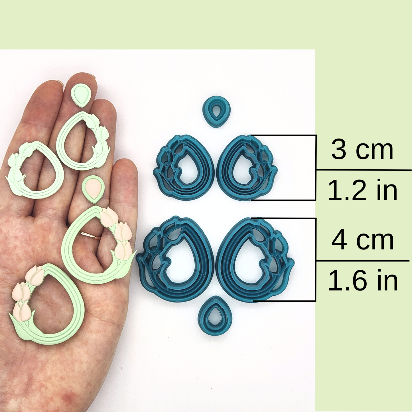 Tulip Teardrops Mirrored Set polymer clay cutter sizes, 3 cm / 1.2 inch, and 4 cm / 1.6 inch, alongside their sample finished product on polymer clay
