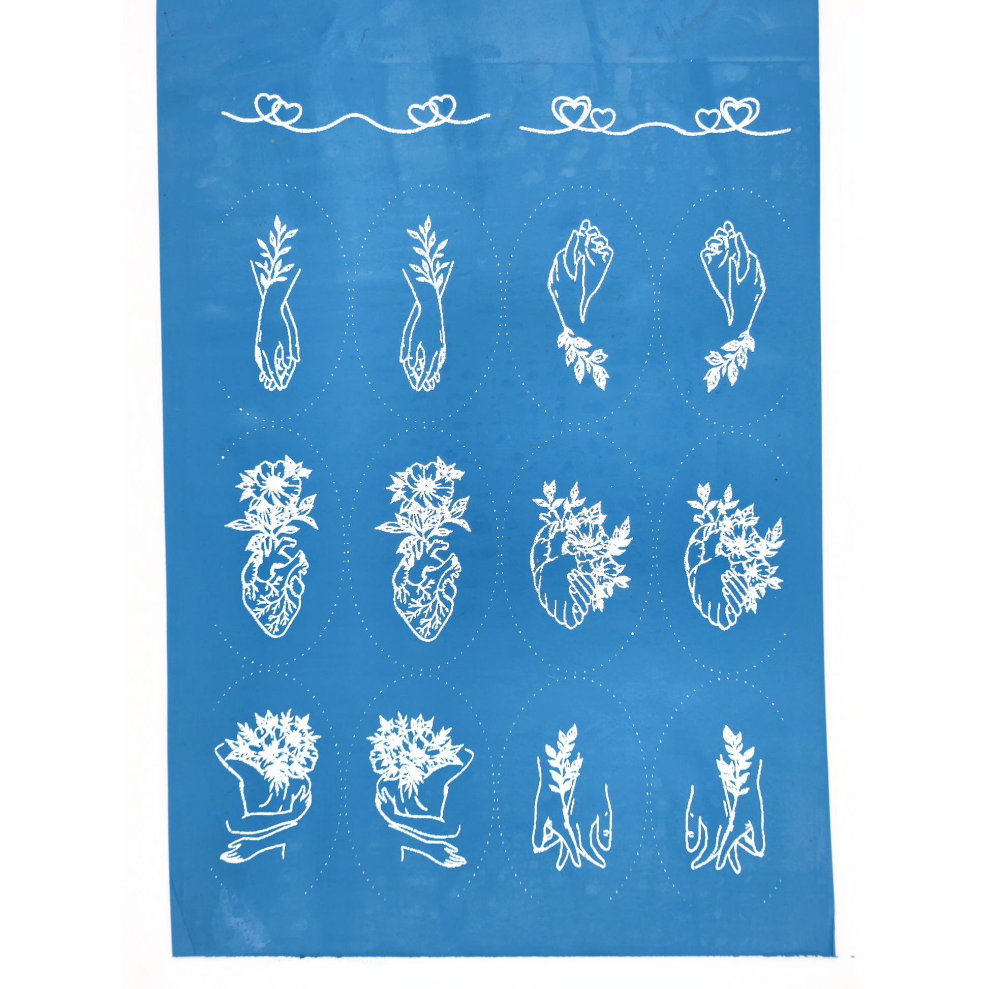 Showing the Floral Romance Silk Screen Design. First design is line art of two heart colliding. Second design is lineart of two hearts, one heart is bigger with two lines. Third design is interlocked hands with stem with leaves and dotted oval outline, Fo