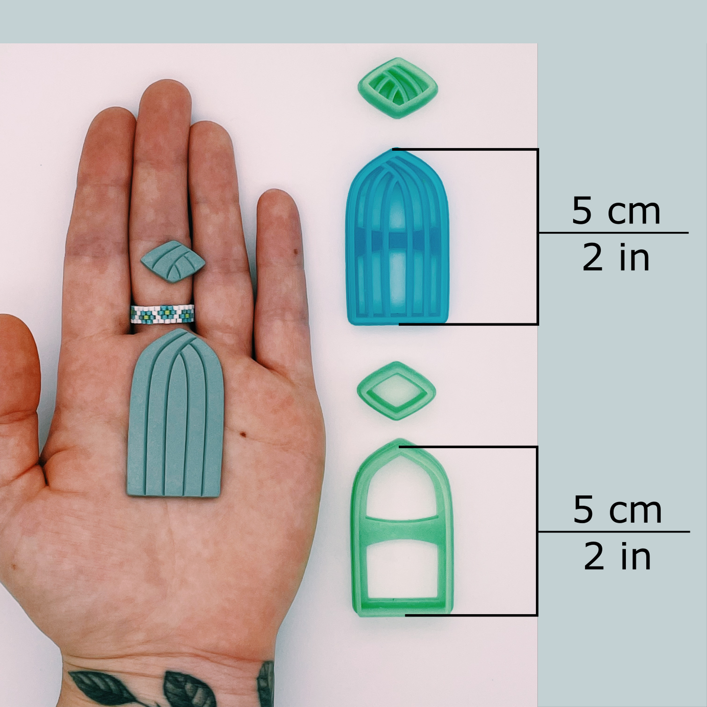 Art Deco Ogive polymer clay cutter debossing and outline style in size 5 centimeters / 2 inches