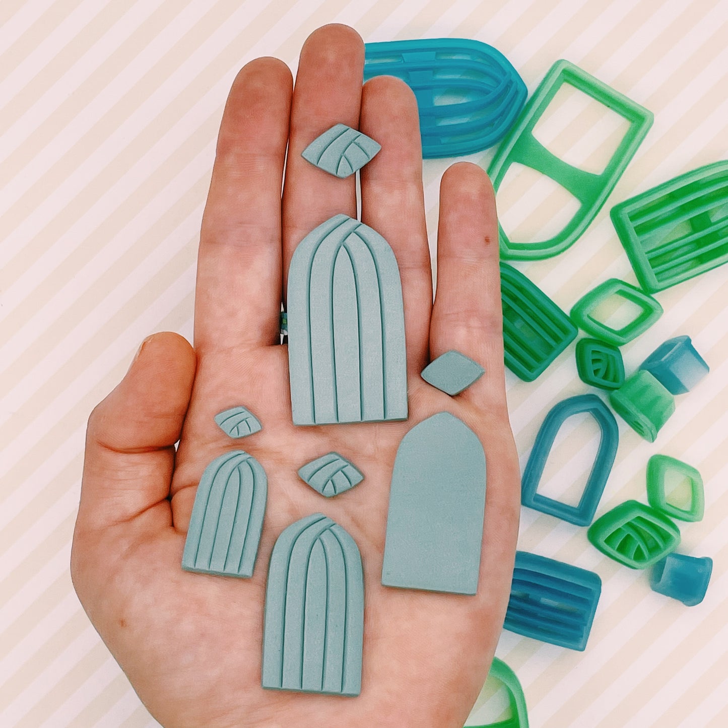 Art Deco Ogive comparison of style and sizes on polymer clay sample finish product for reference