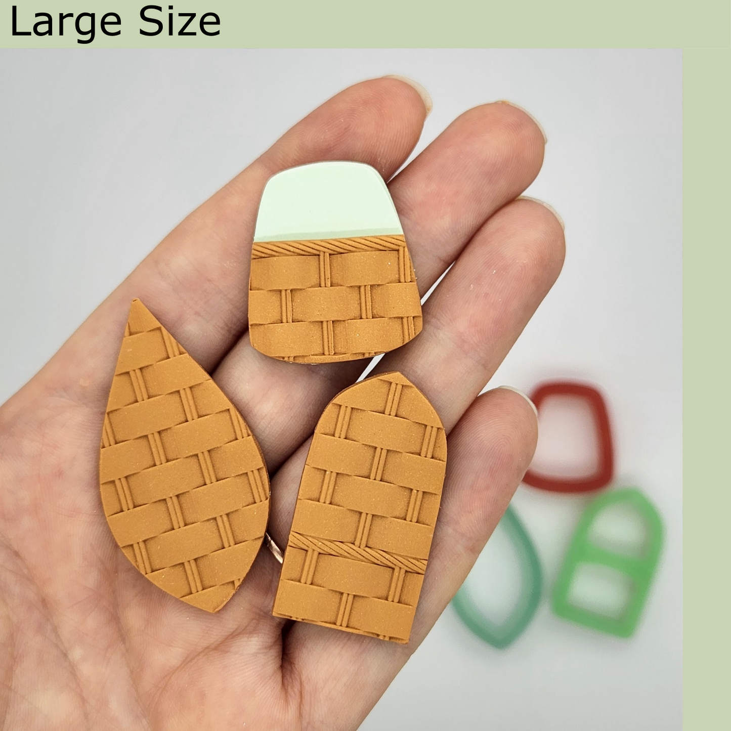 sample finish product of large basket weave pattern texture using polymer clay cutter shapes for jewelry and earring making stud and dangle