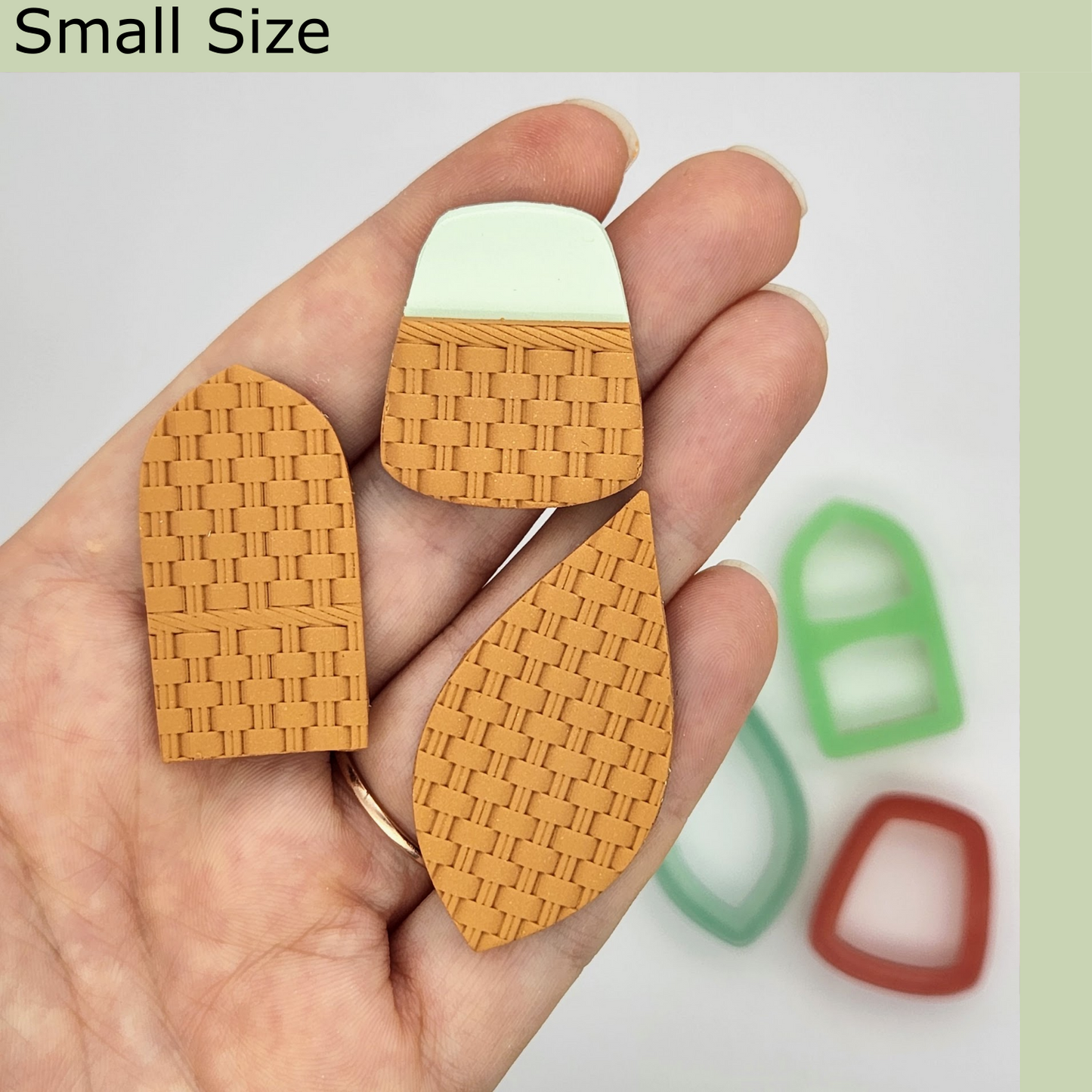 sample finish product of large basket weave pattern texture using polymer clay cutter shapes for jewelry and earring making stud and dangle