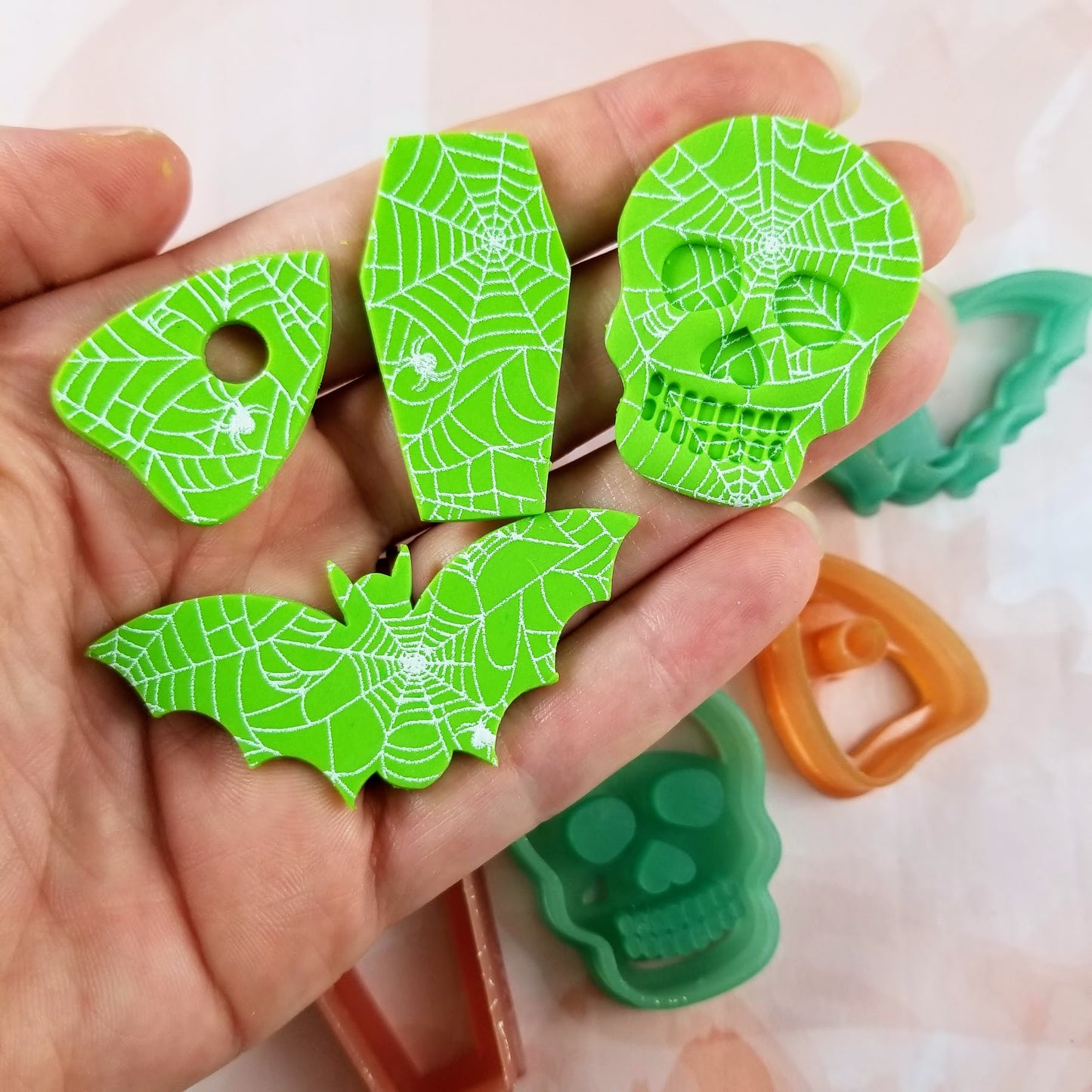 Spiders and spider web silk screen on polymer clay earrings