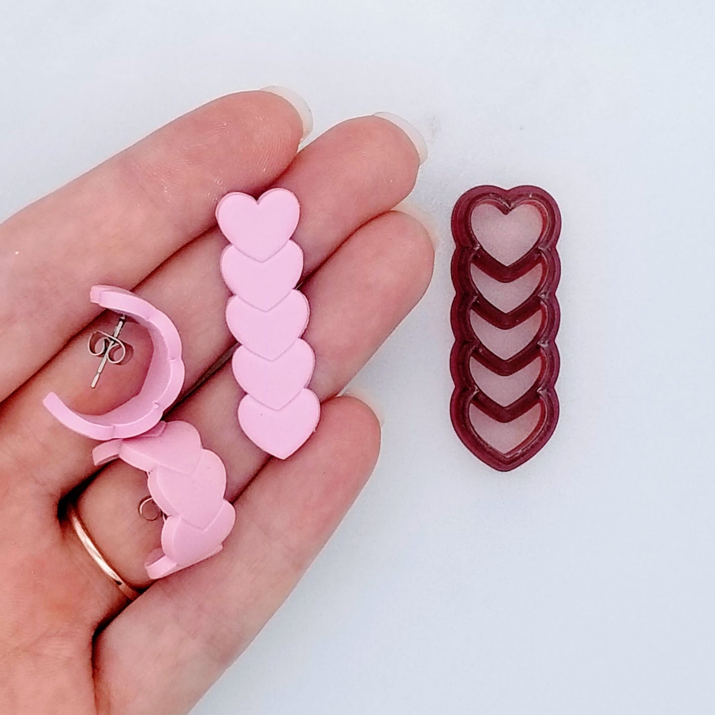 Heart chain clay cutter and sample finish product straight, and turned into ring huggie earrings