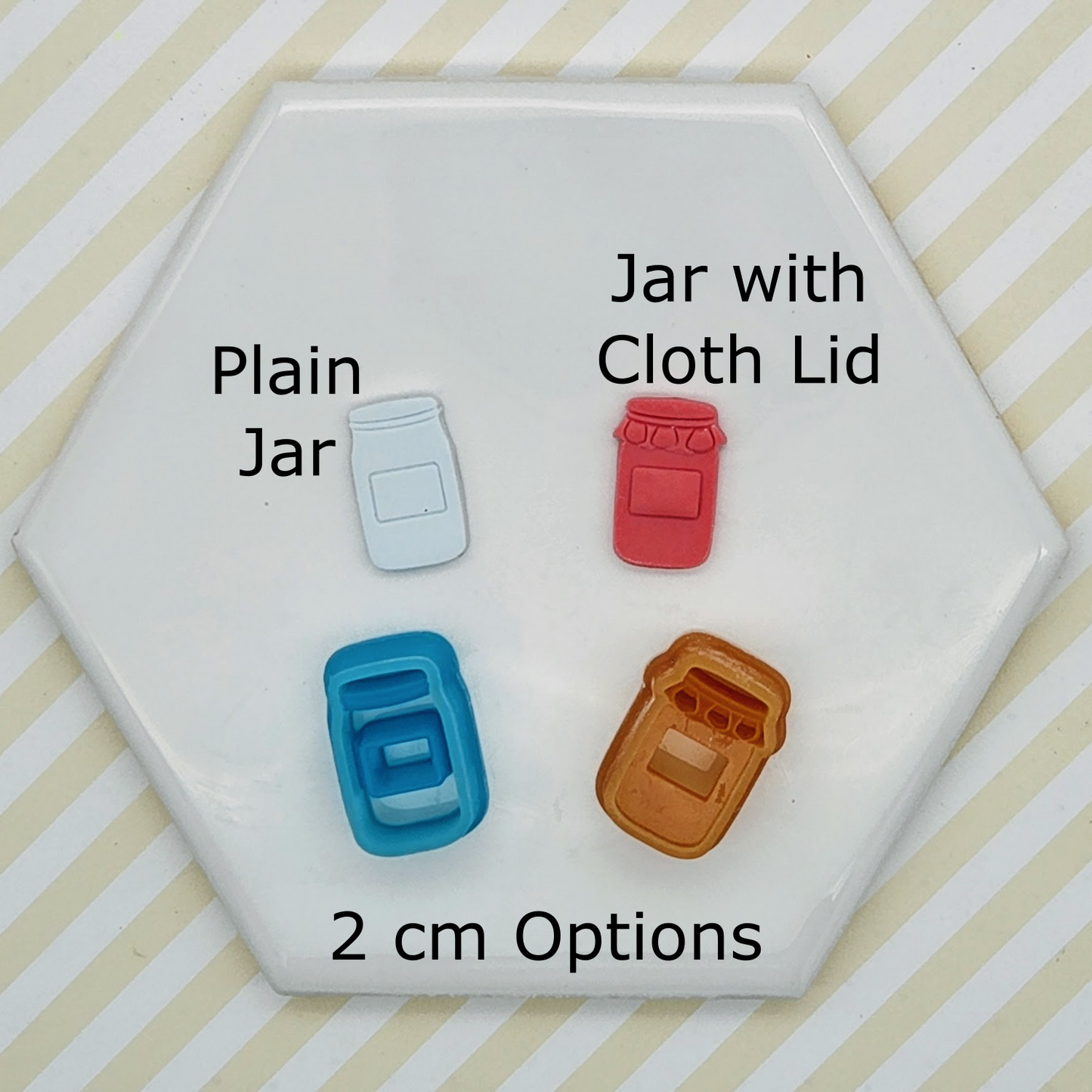 jar and jam two styles, plain jar, and jar with cloth lid. In photo, 2 centimeter jar and jam clay cutter with sample finish product on polymer clay