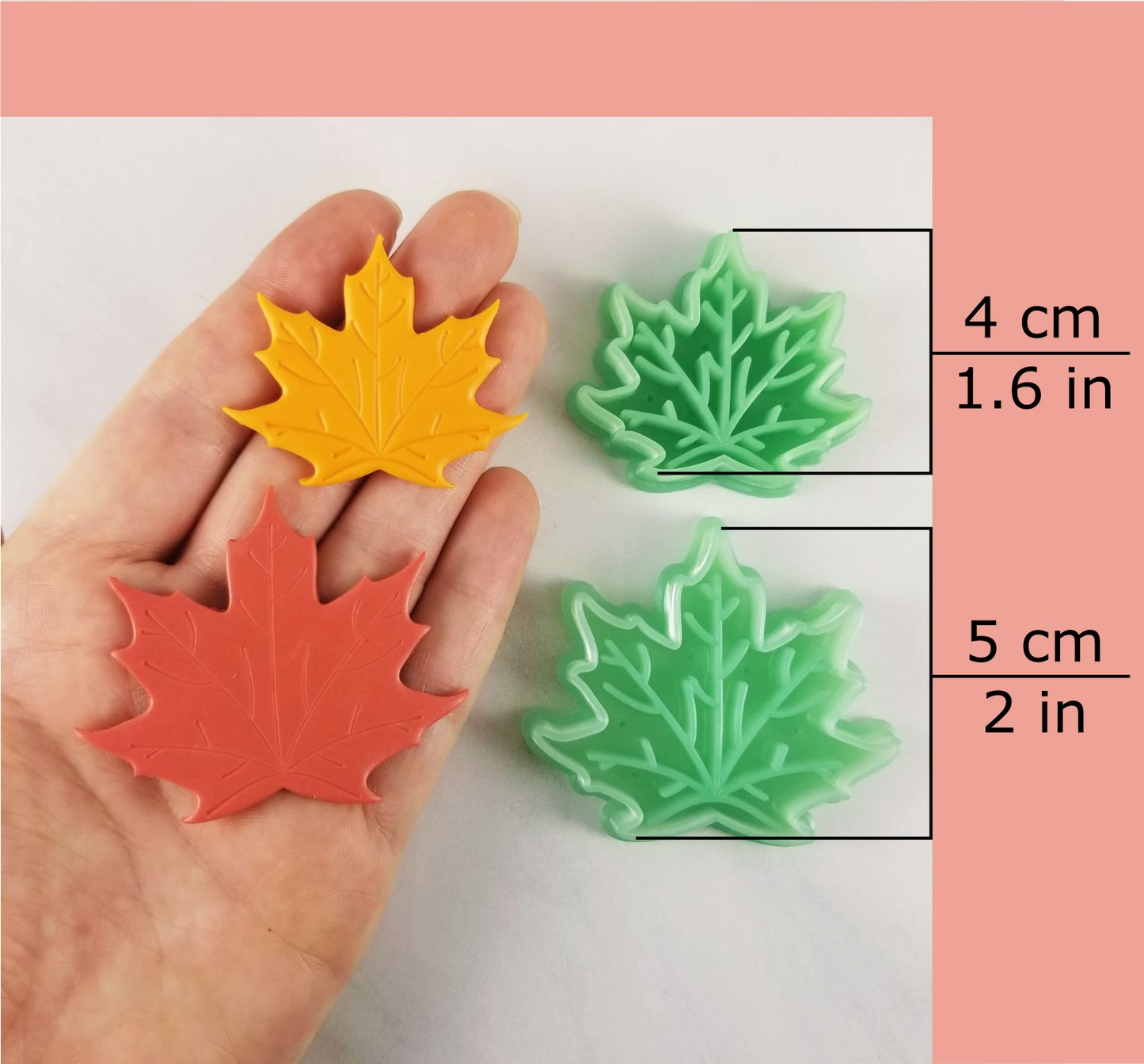 Large maple leaf polymer clay cutters with dimensions shown. Great for statement earrings and necklace pendants.