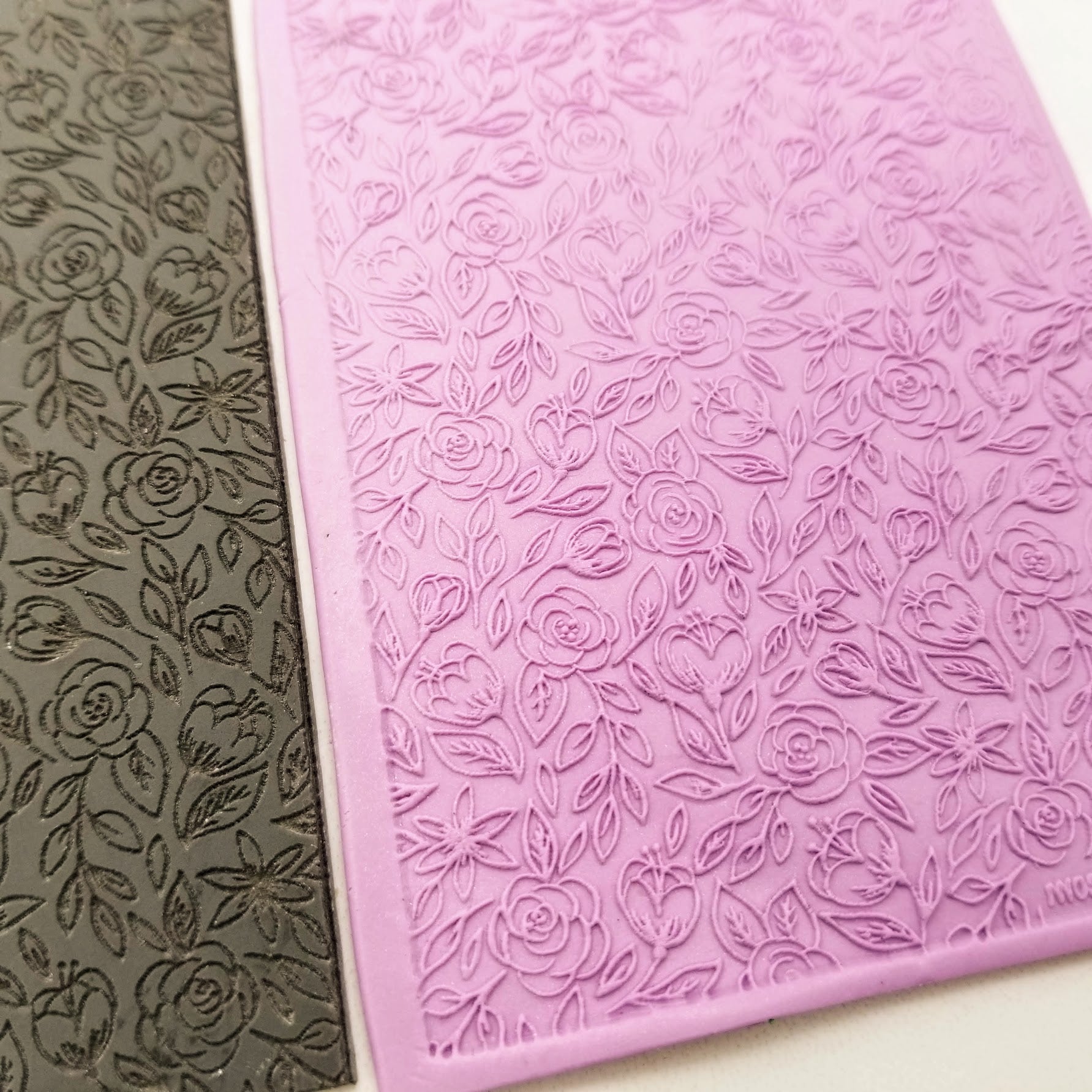 Romantic roses flower floral botanical rubber texture sheet with sample texture on polymer clay slab details