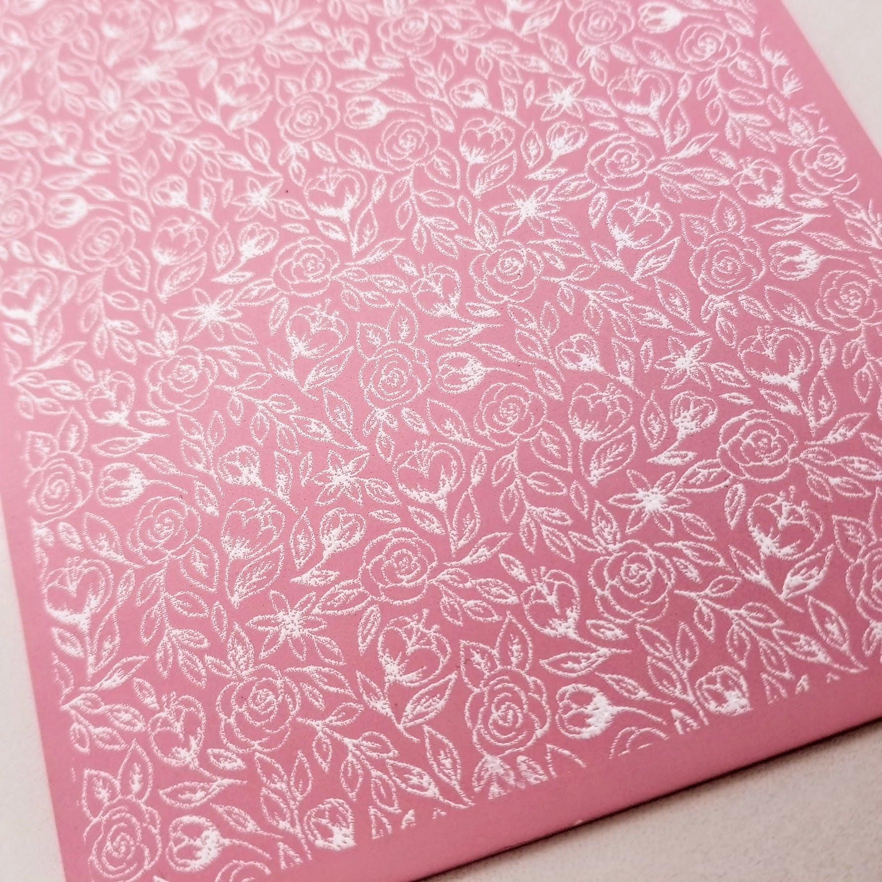 Romantic roses flower floral botanical sample silk screen stencil painting on polymer clay slab details