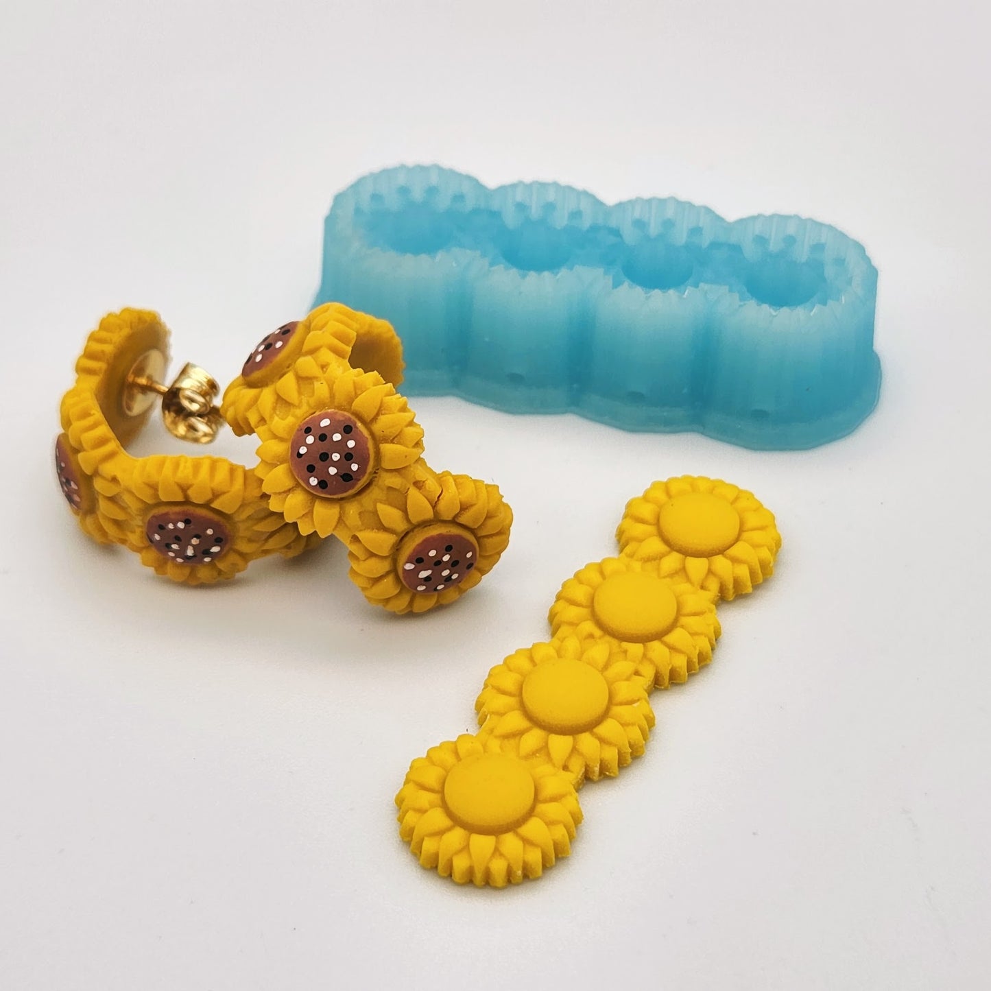 Sunflower huggie polymer clay cutter, sunflower chain polymer clay, and sunflower polymer clay ring