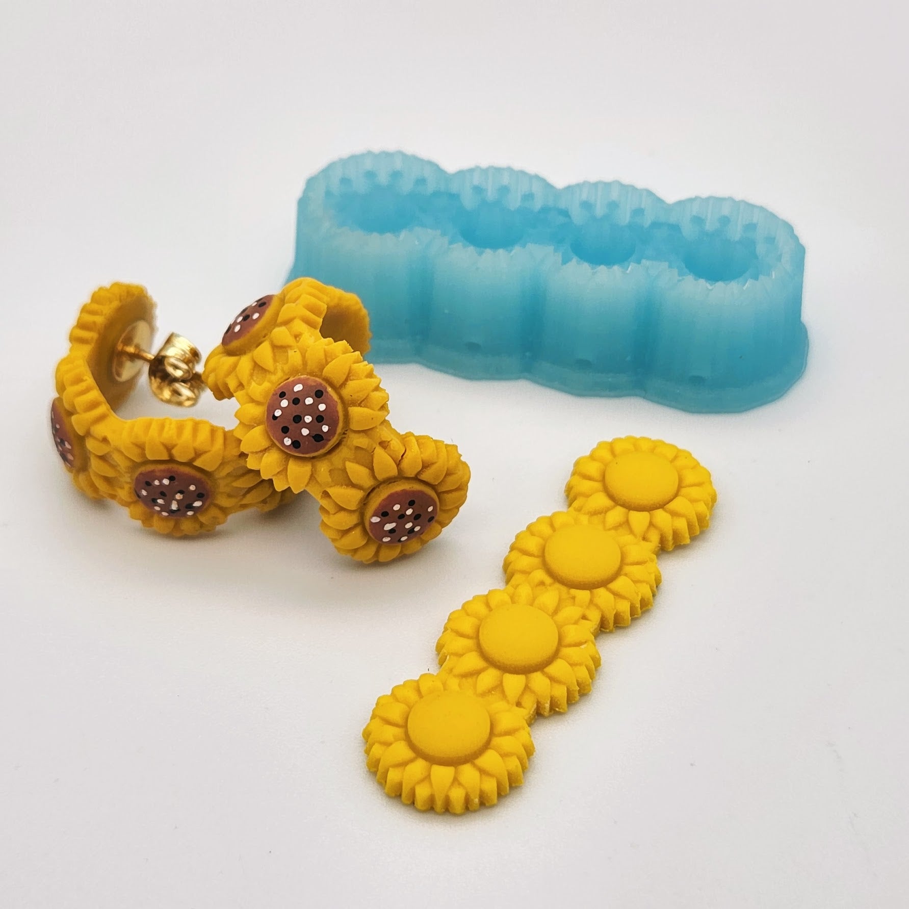 Sunflower huggie polymer clay cutter, sunflower chain polymer clay, and sunflower polymer clay ring