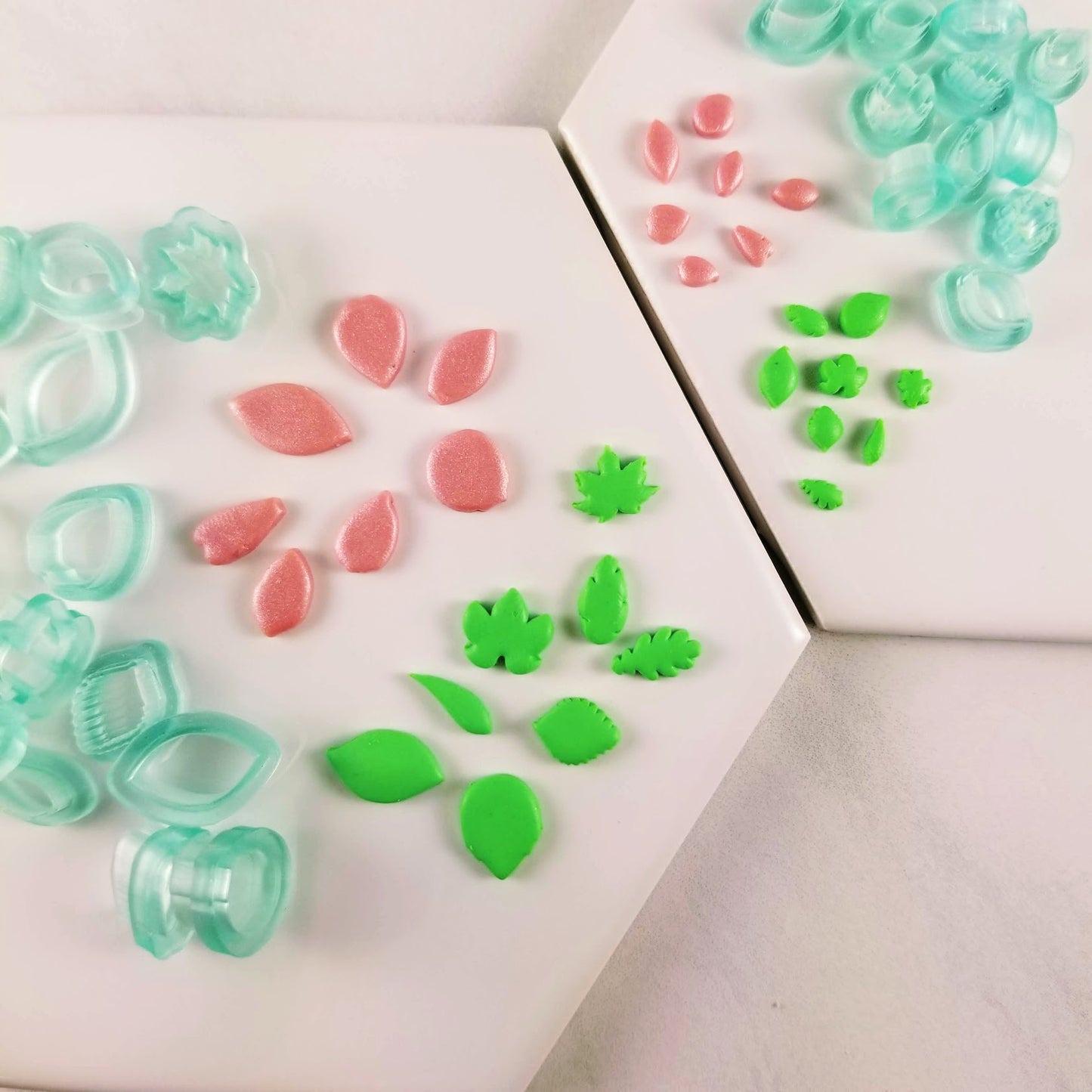 Tiny leaves and flower petals polymer clay cutter set perfect for floral polymer clay crafts. There are a total of 15 Tiny Cutters included in these sets, 8 leaves and 7 flower petals.
