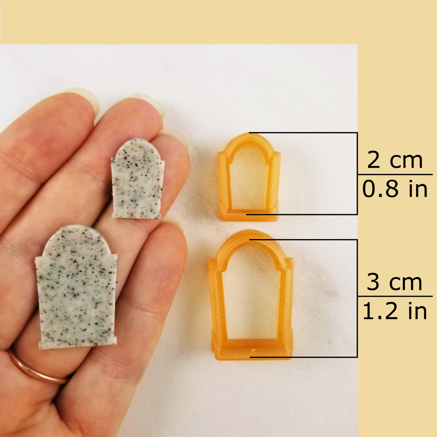 Gravestone polymer clay cutters dimensions: small, medium, tiny, mini, stud size