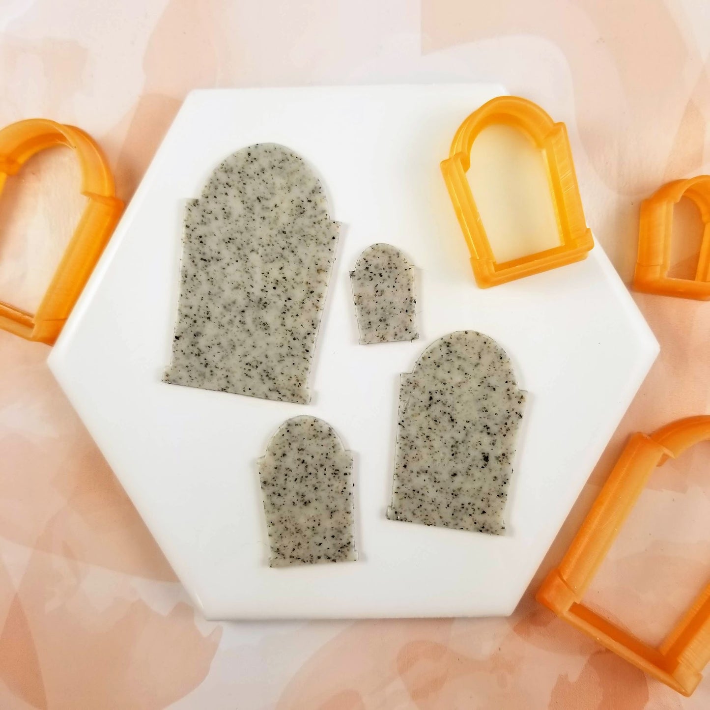 Tombstone outline polymer clay cutters. Perfect for use with the Spooky Silhouette graveyard scene silk screen.