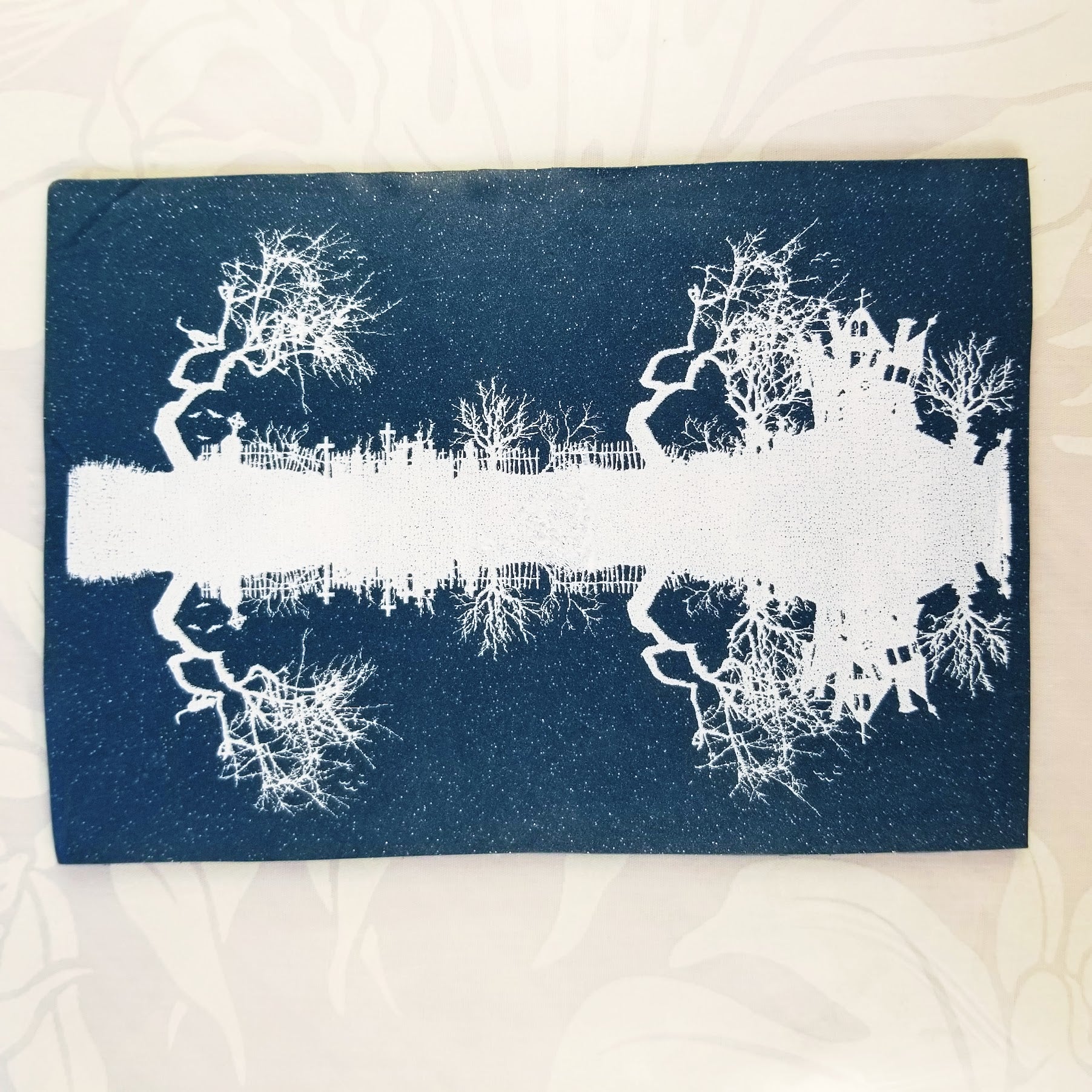 Spooky Silhouette graveyard scene silk screen used on polymer clay with acrylic paint