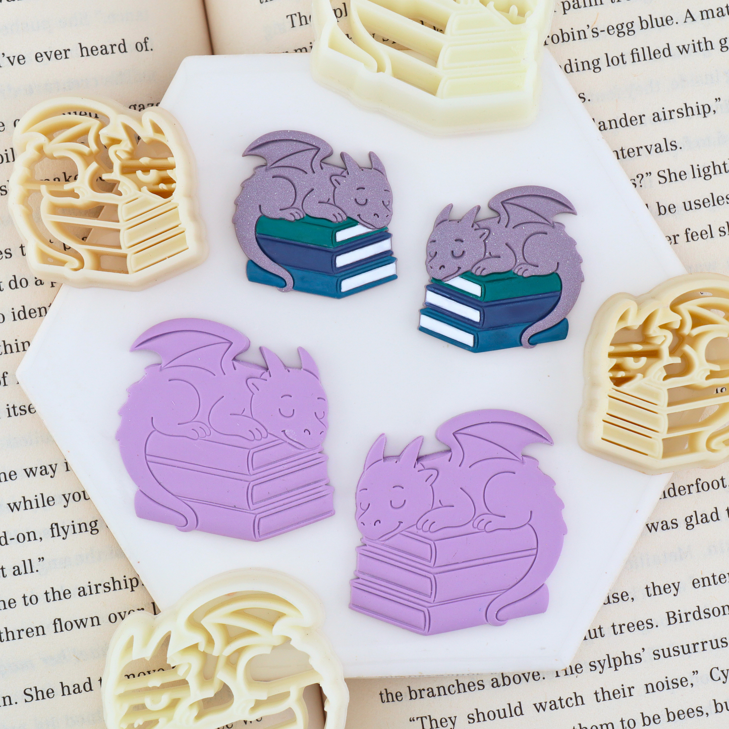 Baby Dragon on Books Polymer Clay Cutters - Mirrored Pair