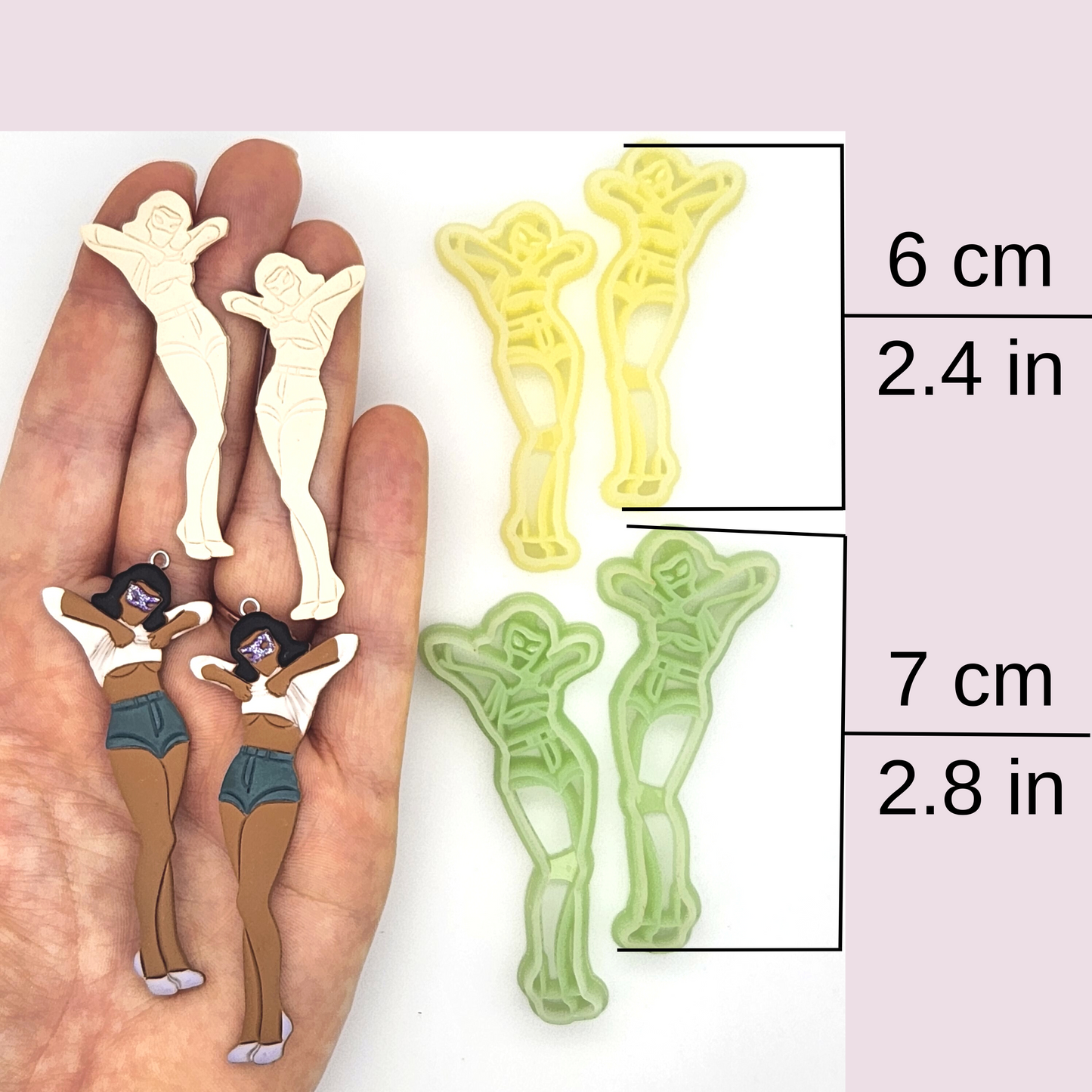  image provides size references, indicating the clay pieces measure 6 cm (2.4 in) and 7 cm (2.8 in), with corresponding cutters.