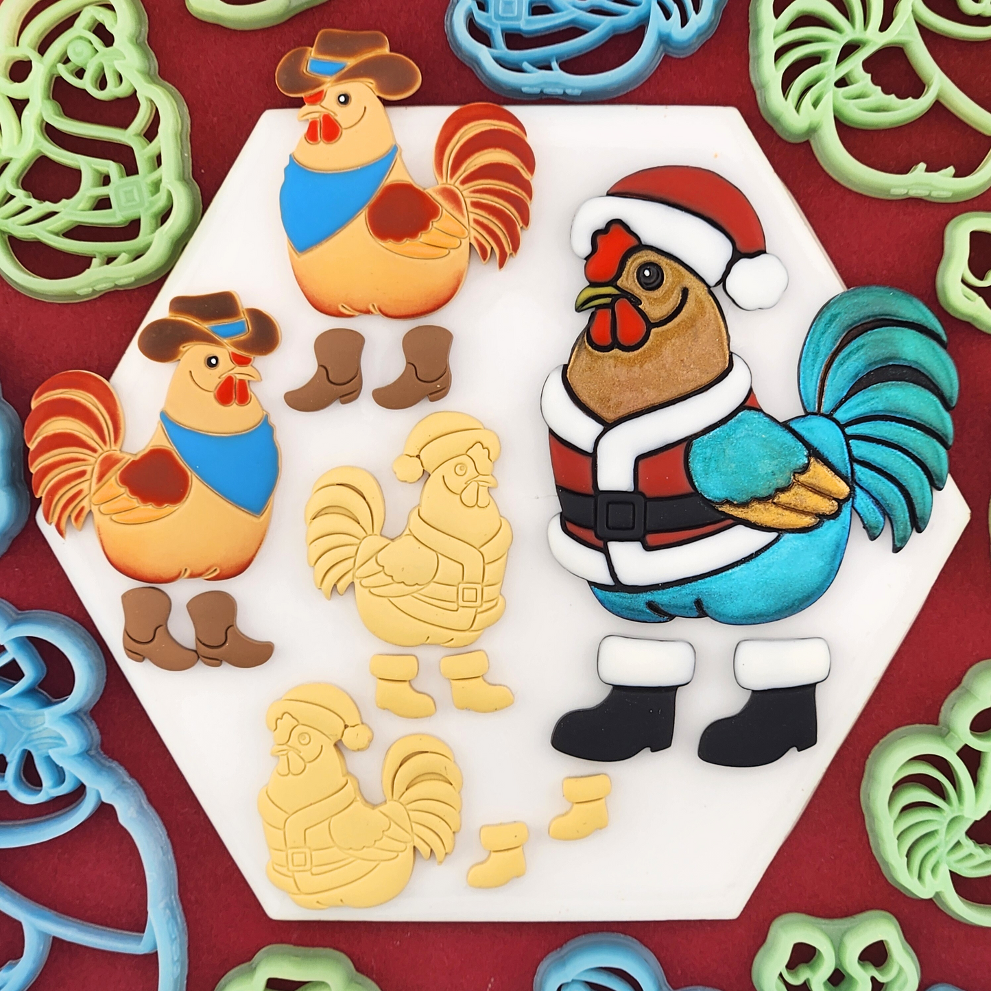 Rooster in Boots Polymer Clay Cutter Sets - Santa & Cowboy Styles