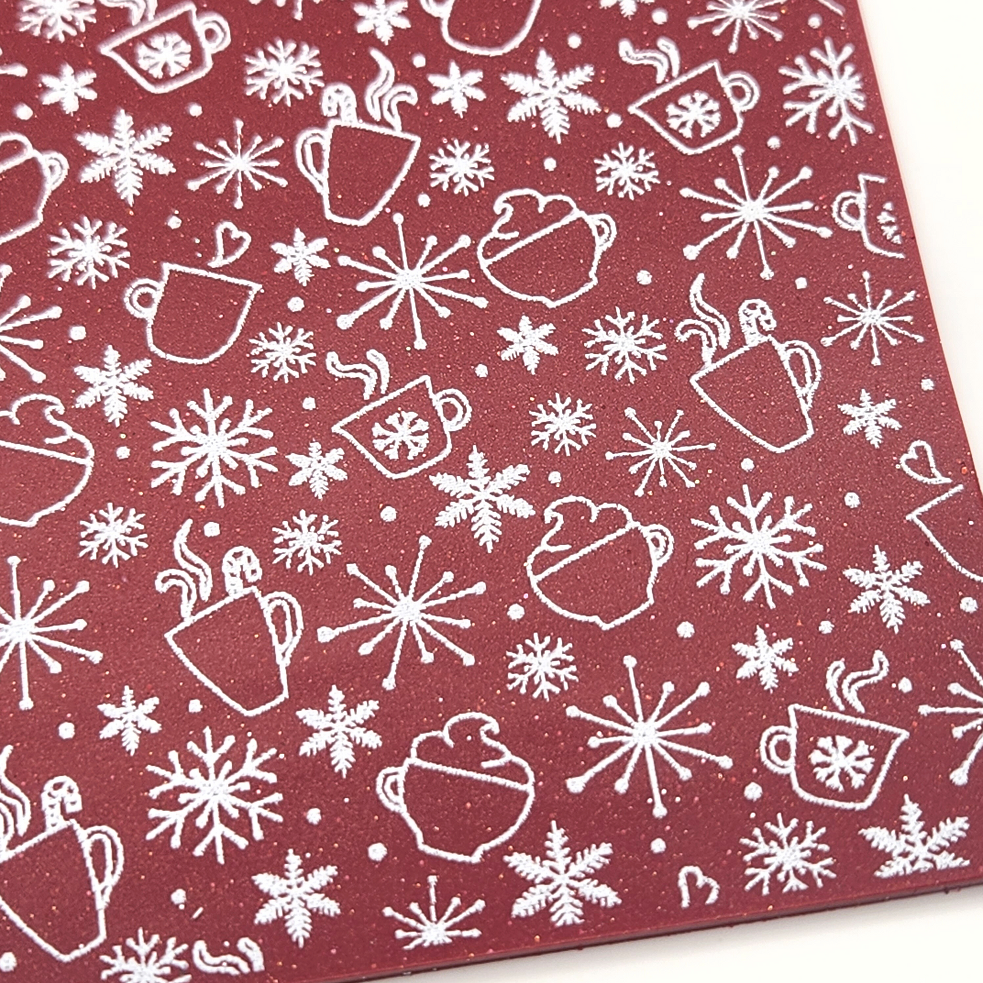 Showing details of Cold Weather Cocoa silkscreen pattern on actual polymer clay slab