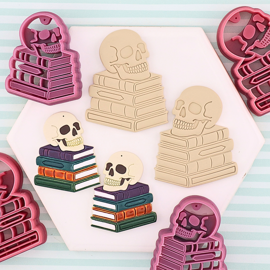 Skull on Books Polymer Clay Cutters - Mirrored Pair