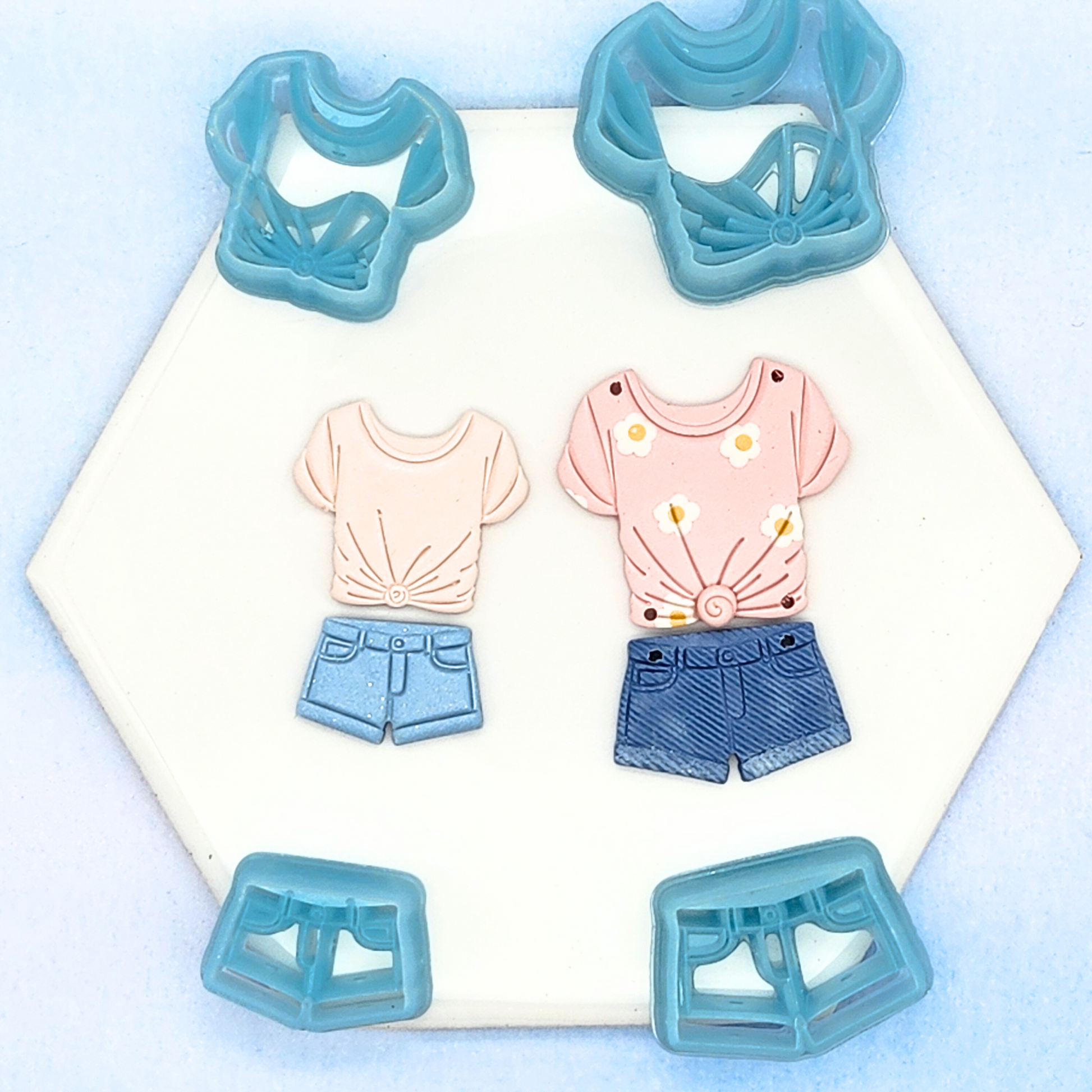 Summer outfit design in polymer clay cutters: t-shirt and shorts