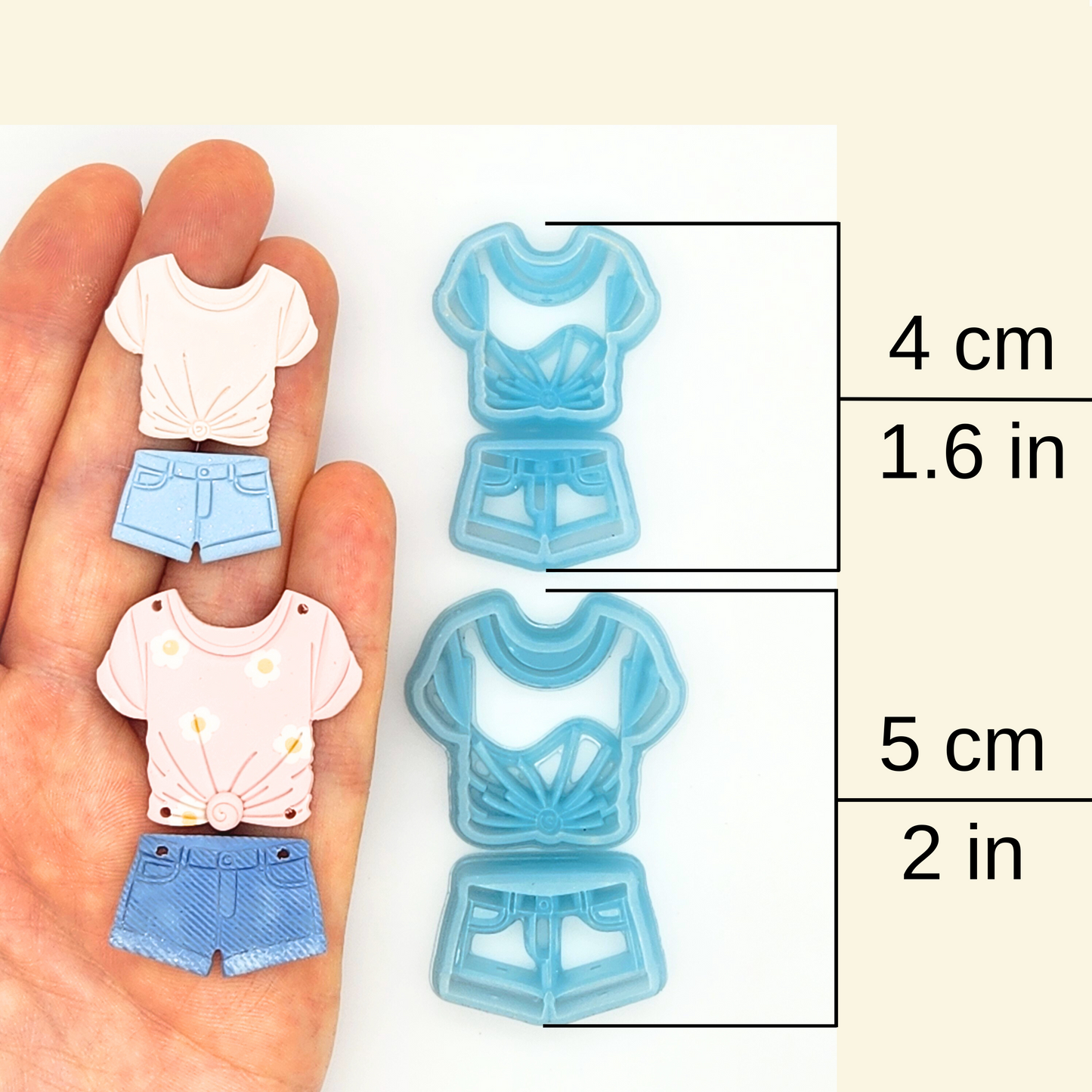 Polymer clay shapes of a summer outfit: t-shirt and shorts, with dimensions.