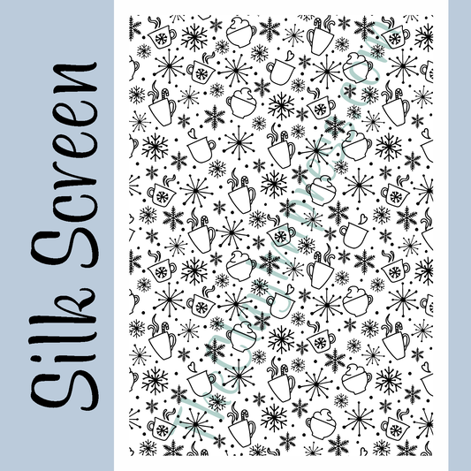 Winter-themed pattern with a cup of cocoa, snowflakes and stars