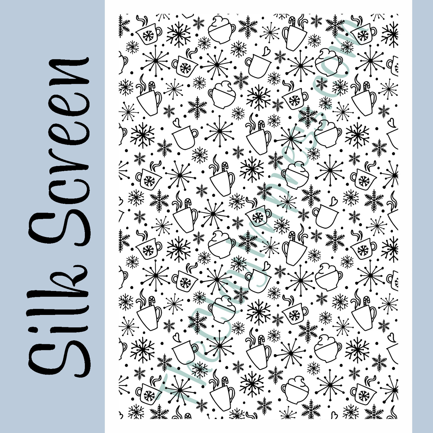 Winter-themed pattern with a cup of cocoa, snowflakes and stars