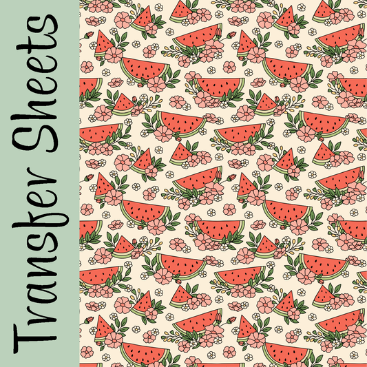 Transfer sheet with a watermelon and flower pattern.